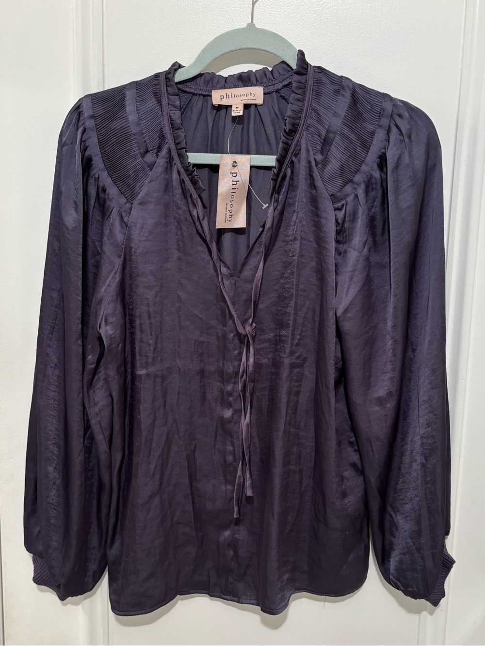 Philosophy Deep Plum Long-Sleeve Tie-Neck Blouse